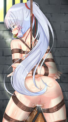 1girls anus arms_behind_back arms_bound_behind_back ass bamboo_gag bdsm bit_gag blue_eyes blue_hair bondage bound bound_legs bound_thighs bound_wrists box_tie censored censored_pussy cum dungeon from_behind gag gagged genshin_impact kamisato_ayaka long_hair looking_down naked naked_female nude nude_female ponytail pussy_juice rope_bondage runo spread_legs tied tied_legs tied_up tied_wrists torture wooden_horse