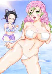 2girls angry beach big_breasts bikini black_hair blue_bikini butterfly_hair_ornament demon_slayer enuyuaru eyepatch_bikini female female_only green_eyes kanroji_mitsuri kimetsu_no_yaiba kochou_shinobu mole_under_eye ocean pink_hair sarong smile swimsuit two_tone_hair white_bikini