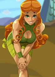 1girls big_breasts blush breasts cartoon_network cleavage cleavage_cutout clothing crossed_legs dress female green_dress green_eyes grin hand_on_knee izzy_(tdi) leaning_forward looking_at_viewer orange_hair outside pinup pose sleeveless solo solo_focus total_drama_island very_long_hair wristband xkorner