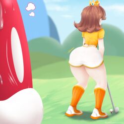 ass big_ass bob-omb brown_hair crown danathegoomba from_behind golf golf_ball golf_club king_bob-omb mario_(series) mario_golf nintendo outside panties princess_daisy socks thick_thighs thong