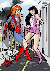 2girls black_hair bodysuit commission crossover dc dc_comics dcau elasti-girl female_only giant-girl giantess inspector97 lois_lane lois_lane_(dcau) marvel marvel_comics mary_jane_watson red_hair spider-man_(series) superman:_the_animated_series superman_(series) tagme torn_clothes