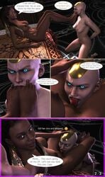 2girls 3d angry bald blue_eyes bound_wrists comic cunnilingus dark-skinned_female dark_skin defeated english english_text female female_only femdom foot_fetish hand_on_head humiliation interracial jacqui_briggs kronika light-skinned_female mortal_kombat mortal_kombat_11 on_bed owned selfie slave smokescreen117 source_filmmaker text text_bubble toe_sucking tongue tongue_out yuri