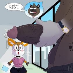 aggressive_retsuko anthro balls barrypark11 big_penis bodily_fluids breasts cervid clock clothed clothed_female_nude_male clothing detailed_background dialogue female genital_fluids genitals haida hi_res holding_penis hyaenid impressed male mammal penis precum sanrio smooth_fur spotted_hyena tsunoda vein veiny_penis watch window wristwatch