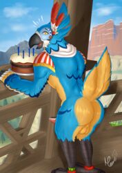 absurd_res anthro ass avian balls beak bird birthday_cake blue_body blue_feathers breath_of_the_wild cake candle dessert feathers food genitals hi_res kass_(zelda) landscape looking_back male male_only meleon mountain multicolored_body nintendo nude penis perineum raised_tail rito solo the_legend_of_zelda video_games wings