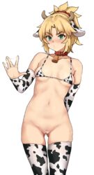 absurdres animal_ears arm_behind_back ass_visible_through_thighs bangs bar_censor bell bikini bikini_top blonde_hair blush braid breasts censored collar collarbone cow_ears cow_horns cowbell english_commentary eyebrows_visible_through_hair fake_animal_ears fake_horns fate/apocrypha fate/grand_order fate_(series) female french_braid green_eyes hair_ornament hair_scrunchie highres horns long_hair looking_at_viewer mordred_(fate) mordred_(fate)_(all) navel open_mouth ponytail pussy red_scrunchie scrunchie simple_background small_breasts solo suggestive_fluid swimsuit thighhighs todding white_background