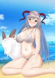 1girls alternate_costume bare_legs beach bikini blush colored_inner_hair enderg fire_emblem fire_emblem_heroes freyja_(fire_emblem) freyja_(summer)_(fire_emblem) goat grey_bikini grey_hair grey_swimsuit horns kneeling large_breasts long_hair looking_at_viewer multicolored_hair nintendo red_eyes seaside smile solo solo_female swimsuit thick_thighs very_long_hair