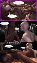 2girls 3d anilingus ass bald barefoot blue_eyes bound_wrists comic dark-skinned_female dark_skin defeated domination female female_only femdom humiliation interracial jacqui_briggs kronika light-skinned_female middle_finger mortal_kombat mortal_kombat_11 naked on_bed owned rimjob rimming slave smokescreen117 text text_bubble yuri