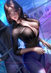 1girls ass big_breasts blue_eyes blue_nails boobs breasts brown_hair cleavage female highres liang_xing looking_at_viewer mirror nail_polish no_bra samsung samsung_sam short_hair solo solo_focus tagme thick_thighs violet_eyes