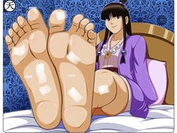 1girls alone cum cum_on_feet cum_on_legs cum_on_toes feet feet_up female female_only foot_fetish gyakuten_saiban haori magatama magatama_necklace maya_fey presenting_feet purple_clothing solo tenzen toes