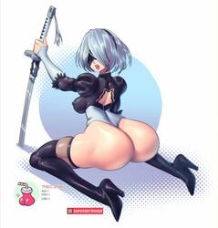 1girls absurdres ass big_ass breasts cleavage dat_ass female female_only high_heels highres huge_ass nier nier:_automata silver_hair solo supersatanson thicc_shake thighhighs wariza yorha_2b