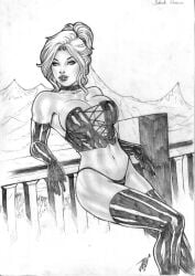 1girls black_and_white black_queen cleavage jean_grey joe_lima large_breasts long_gloves marvel marvel_comics phoenix_(x-men) revealing_clothes sketch thighhighs voluptuous x-men