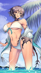 1girls au_ra bangs bikini blue_sky cloud day female final_fantasy final_fantasy_xiv grey_hair highres horns jacket jonylaser large_breasts looking_at_viewer navel outdoors palm_tree red_eyes scales short_hair sky smile solo swimsuit tail teeth tree wading water wet xaela