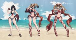 2girls adjusting_eyewear adjusting_glasses adjusting_sunglasses beach bikini black_hair blonde_hair female_focus female_only granblue_fantasy identity_swap kill_la_kill life-fiber-change matoi_ryuuko multicolored_hair pose red_hair red_highlights sandals sunglasses swimsuit tinted_eyewear transformation transformation_sequence zeta_(granblue_fantasy)