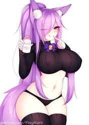 dirtykuro fox_ears fox_girl fox_tail foxgirl foxykuro hard_nipples kuro_(foxykuro) looking_at_viewer pubic_hair purple_eyes revealing_clothes sticking_out_tongue sweater tongue_out winking winking_at_viewer