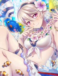 1girls alternate_costume bare_arms bare_midriff bare_shoulders bare_thighs big_breasts bikini blush blushing breasts close-up corrin_(fire_emblem) corrin_(fire_emblem)_(female) corrin_(summer)_(fire_emblem)_(female) cute cute_face eyelashes female female_only finger_to_mouth fire_emblem fire_emblem_fates fire_emblem_heroes flower flower_in_hair flower_necklace front-tie_bikini front-tie_top hiyori_(rindou66) human human_only lei light-skinned_female light_skin long_hair navel nintendo ocean pose posing red_eyes sea smile smiling solo solo_female swimsuit thick thick_thighs thighs underwater water white_bikini white_hair white_swimsuit