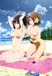 2girls armpits barefoot beach breasts female_only hibike!_euphonium kousaka_reina multiple_girls nude oumae_kumiko purple_eyes purple_hair suncream tagme yuri