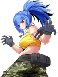 1girls 2021 armlet armpits ass bangs bare_shoulders big_ass blue_eyes blue_hair breasts butt camouflage camouflage_pants dog_tags female female_focus female_only fully_clothed gloves highres hips human human_only humanoid kara_age king_of_fighters large_ass large_breasts large_butt leona_heidern looking_at_viewer matching_hair/eyes midriff pants paw_pose ponytail pouch sideboob sleeveless snk snk_heroines:_tag_team_frenzy solo solo_focus tank_top thick thick_ass thick_thighs thighs twisted_torso voluptuous white_background wide_hips yellow_tank_top