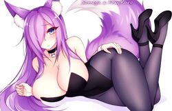 blue_eyes bunny_costume bunny_girl bunny_outfit bunnysuit dirtykuro fox_ears fox_girl fox_tail foxgirl foxykuro hand_on_hip kuro_(foxykuro) laying_on_ground looking_at_viewer purple_hair somegu