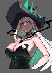 1girls 2021 big_breasts clothed green_eyes hat hudak league_of_legends long_hair looking_at_viewer miss_fortune riot_games ruination ruined_king_symbol ruined_miss_fortune simple_background smile solo the_ruined_king_saga white_hair