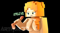 3d alex_(minecraft) annoyed arthur32 bare_arms bare_shoulders bored breasts character_profile disembodied_penis disgusted female female_only floating_penis ginger green_eyes hair_covering_breasts hair_over_breasts hair_over_shoulder hand_on_penis handjob mine-imator minecraft nipples orange_hair shirtless solo square_body tagme topless