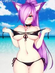 beach bikini black_bikini black_swimsuit blush blushing_at_viewer bra_pull dirtykuro embarrassed fox_ears fox_girl foxgirl foxykuro kuro_(foxykuro) looking_at_viewer pulling_bra swimsuit