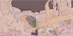 2boys 2girls alma_(metal_slug) anal anal_sex ass_grab blonde_hair blue_eyes blush cat_girl cesar_secktor closed_eyes competitive_sex domination female green_panties julia_(metal_slug) lace-trimmed_thighhighs laces long_hair male metal_slug metal_slug_attack military military_hat multiple_boys multiple_girls nude nude_female nude_male panties_around_legs panties_down penetration scientist snk straight tail unseen_male_face