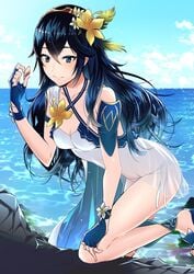 1girls alternate_costume ameno_(a_meno0) arm_armor bangs bikini blue_eyes blue_gloves blue_hair blue_sky blush breasts cleavage cloud collarbone day female fingerless_gloves fire_emblem fire_emblem_awakening fire_emblem_heroes flower gloves hair_flower hair_ornament hair_ribbon lips long_hair looking_at_viewer lucina_(fire_emblem) medium_breasts nintendo ocean outdoors ribbon sandals see-through sky smile solo solo_female swimsuit symbol-shaped_pupils tiara veil water wet white_bikini white_flower white_swimsuit yellow_flower