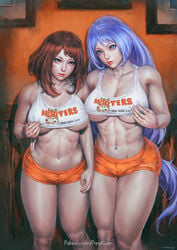 2girls abs big_breasts breasts cleavage female female_only hooters large_breasts muscles muscular muscular_female my_hero_academia nejire_hado ochako_uraraka prinzkuon shounen_jump