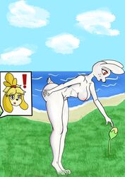 ! absurd_res animal_crossing anthro ass beach bent_over big_butt breasts canid canine canis domestic_dog duo exposed_breasts female freckles funkydeer00 fur genitals hi_res holding_butt isabelle_(animal_crossing) lagomorph leporid mammal medium_breasts nintendo nude presenting pussy rabbit red_eyes ruby_(animal_crossing) seaside shih_tzu solo surprise toy_dog video_games white_body white_fur yellow_body