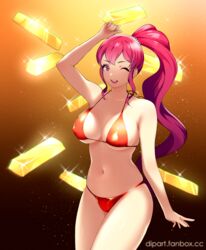 1girls ;d anna_(fire_emblem) bikini bikini_bottom bikini_top breasts cleavage dip_art female fire_emblem fire_emblem:_three_houses gold gold_bar higher_resolution_duplicate large_breasts light_skin long_hair navel nintendo ponytail purple_eyes red_bikini red_hair shiny sideboob solo solo_female underboob winking