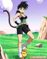 1girls armor background black_hair breasts cleavage dragon_ball dragon_ball_xenoverse dragon_ball_z dragon_radar female female_only female_saiyan green-tinted_eyewear keaton_mask large_breasts looking_at_viewer maiz oc original_character potara_earrings radar reit saiyan saiyan_armor saiyan_tail scouter spats tight_clothing tinted_eyewear watermark