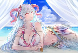 1boy ahoge alternate_costume armlet bangs bare_shoulders beach bikini blue_sky breasts cleavage cloud commentary_request curled_horns curtains day eyebrows_visible_through_hair female fire_emblem fire_emblem_heroes flower flower_necklace freyja_(fire_emblem) freyja_(summer)_(fire_emblem) goat_horns hair_between_eyes hair_flower hair_ornament horns jewelry large_breasts lips long_hair looking_away lying navel necklace nintendo ocean official_alternate_costume outdoors parted_lips pelvic_curtain pink_flower red_eyes red_horns silver_hair sky solo solo_female swimsuit t_misaomaru thorns water white_bikini white_curtains white_swimsuit