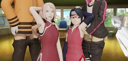 2girls 3boys 3d absurdres armpit_fetish armpit_sex armpits arms_above_head arms_behind_head arms_up bandage bandages black_eyes black_hair black_jacket black_pants blender blender_(software) blonde_hair boruto:_naruto_next_generations cheating cheating_husband cheating_wife clothed_female_nude_male cockpit cuckold detached_sleeves diamond_(symbol) erection father_and_son foursome glasses green_eyes hand_on_another's_head hand_on_another's_shoulder head_pat headband headpat highres husband_and_wife konohagakure_symbol large_penis milf mother_and_daughter naruto naruto_(series) necklace netorare ntr orange_shirt oyakodon pants_down pants_pull penis petite pink_hair prosthesis red_headband red_headwear sakura_haruno sarada_uchiha sasuke_uchiha short_hair showing_armpits sleeveless sleeveless_jacket sleeveless_shirt smile testicles theblendertaper two_on_two uncensored uzumaki_boruto uzumaki_naruto white_shirt