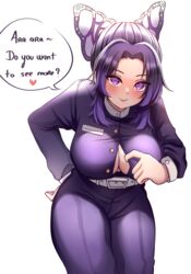 blush butterfly_hair_ornament cleavage clothing demon_slayer english_text female female_only fully_clothed kimetsu_no_yaiba kochou_shinobu looking_at_viewer open_shirt purple_eyes purple_hair solo teasing unbuttoned_shirt vitaminechan