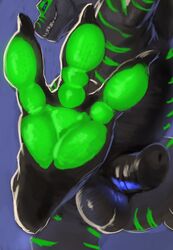 absurd_res animal_genitalia animal_penis balls black_claws black_penis blue_eyes claws dragon feet feral foot_fetish foot_focus genitals green_body green_markings green_pawpads green_scales hi_res hindpaw killioma looking_at_viewer looking_down low-angle_view male male_only markings noxy_(dragon) pawpads paws penis quadruped scales simple_background smile solo teeth toe_claws worm's-eye_view