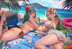 2girls alternate_costume artist_name ass bangs bare_legs barefoot beach bikini black_bikini black_swimsuit blue_eyes blush breasts breasts_out byleth_(female)_(summer)_(fire_emblem) byleth_(fire_emblem) byleth_(fire_emblem)_(female) cup drink drinking_straw exlic female female_only fire_emblem fire_emblem:_three_houses fire_emblem_heroes flower green_eyes green_hair hair_flaps hair_flower hair_ornament hair_tucking hibiscus huge_ass huge_breasts innertube island large_breasts leg_up lips long_hair looking_at_viewer looking_back lotion lying mat medium_hair multiple_girls nail_polish nintendo nipples official_alternate_costume on_stomach patreon_username pussy red_flower rhea_(fire_emblem) rhea_(summer)_(fire_emblem) seaside smile spoon sunscreen swimsuit teal_hair the_pose toes towel uncensored undressed untied untied_bikini utensil_in_mouth white_bikini white_swimsuit