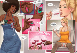 1girls 3futas alcohol aphrodisiac big_breasts breasts bulge clothed clothing comic dark-skinned_futanari dark_skin dialogue drug female fully_clothed futa_on_female futanari human light-skinned_female light_skin pale_skin panties penis rino99 text wine