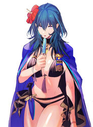 1girls alternate_costume amu_(nsk0) bikini black_bikini black_swimsuit blue_cape blue_eyes blue_hair breasts byleth_(female)_(summer)_(fire_emblem) byleth_(fire_emblem) byleth_(fire_emblem)_(female) cape cleavage dagger eating female fire_emblem fire_emblem:_three_houses fire_emblem_heroes flower food hair_flower hair_ornament hibiscus huge_breasts knife large_breasts looking_at_viewer medium_hair nintendo popsicle purple_eyes red_flower sideboob solo swimsuit tsukimura_noe weapon white_background