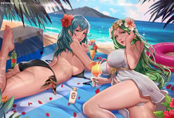 2girls alternate_costume artist_name ass bangs bare_legs barefoot beach big_ass big_breasts bikini black_bikini black_swimsuit blue_eyes blush breasts byleth_(fire_emblem) byleth_(fire_emblem)_(female) byleth_(summer)_(fire_emblem)_(female) cup drink drinking_straw exlic female female_only fire_emblem fire_emblem:_three_houses fire_emblem_heroes flower green_eyes green_hair hair_flaps hair_flower hair_ornament hair_tucking hibiscus higher_resolution_duplicate huge_ass huge_breasts innertube island large_breasts leg_up lips long_hair looking_at_viewer looking_back lotion lying mat medium_hair multiple_girls nail_polish nintendo on_stomach patreon_username red_flower rhea_(fire_emblem) rhea_(summer)_(fire_emblem) seaside smile spoon sunscreen swimsuit teal_hair the_pose toes towel undressed untied untied_bikini utensil_in_mouth white_bikini white_swimsuit