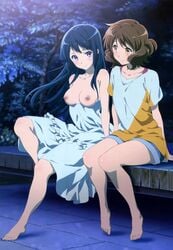 2girls bare_shoulders barefoot blush breasts dress evening female female_only hibike!_euphonium kousaka_reina legs_up long_hair looking_at_another multiple_girls oumae_kumiko purple_eyes purple_hair sitting smile tagme topless yuri