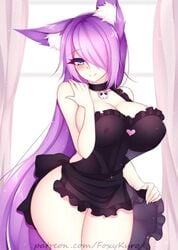 apron apron_only blush blushing_at_viewer dirtykuro fox_ears fox_girl foxgirl foxykuro kuro_(foxykuro) looking_at_viewer purple_eyes purple_hair smile smiling smiling_at_viewer