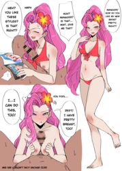 1boy 1girls bikini blue_eyes book breasts dark-skinned_male dark_skin dialogue erection female hudak imminent_oral interracial league_of_legends light-skinned_female light_skin looking_at_viewer male oral paizuri penis pink_hair pov purple_hair reading seraphine_(league_of_legends) small_breasts swimsuit titfuck titjob tits two_tone_hair very_long_hair