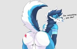 absurd_res anthro ass azucaster balls blue_body bootywithabolt canid canine canis dialogue fluffy fluffy_tail furry genitals hi_res male mammal markings solo tagme wolf