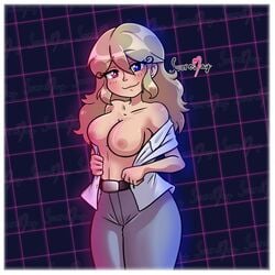 1girls blonde_hair breasts female female_focus female_only long_hair nipples open_shirt smile sucremay una_alienada youtube youtuber