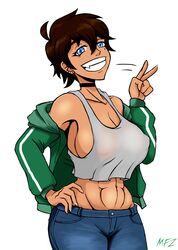 1girls abs angel_(greenlove) big_breasts blue_eyes brown_hair choker dark-skinned_female green_jacket greenlove jeans looking_at_viewer mole_under_eye muscular_female original original_character peace_sign sideboob smile solo solo_female tomboy