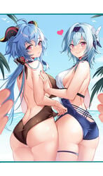 2girls absurdres adjusting_clothes adjusting_swimsuit ahoge ass bare_back black_hairband blue_hair blurry breasts closed_mouth depth_of_field eula_(genshin_impact) eyebrows_visible_through_hair fingers ganyu_(genshin_impact) genshin_impact goat_horns hairband heart highres horns kikimi large_breasts long_hair looking_at_viewer looking_back medium_breasts medium_hair multiple_girls nail_polish ocean one-piece_swimsuit outdoors palm_tree pov pov_eye_contact purple_eyes sideboob smile spoken_heart swimsuit thigh_strap tree