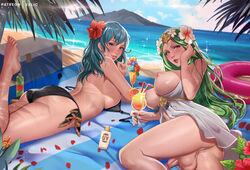 1futa 1girls alternate_costume ass backsack balls beach big_ass big_balls big_breasts bikini black_bikini black_swimsuit blue_eyes breasts byleth_(fire_emblem) byleth_(fire_emblem)_(female) byleth_(summer)_(fire_emblem)_(female) clothed clothing detailed_background drink exlic female fire_emblem fire_emblem:_three_houses fire_emblem_heroes flower full-package_futanari futanari green_eyes green_hair hair_flaps hairless_ass hairless_balls hairless_penis hibiscus horny huge_ass huge_breasts human innertube large_breasts light-skinned_female light-skinned_futanari light_skin long_hair looking_at_viewer looking_back lotion medium_hair mostly_nude nintendo penis pussy red_flower rhea_(fire_emblem) rhea_(summer)_(fire_emblem) seaside sunscreen swimsuit teal_hair testicles the_pose towel undressed white_bikini white_swimsuit