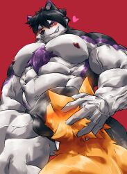 2023 abs absurd_res anthro black_body black_fur black_hair blush blush_lines bulge canine canis chest_tuft dog duo face_in_crotch faust_(shyloc) fox fur grin hair heart hi_res holding_head husky low-angle_view male male/male mammal multicolored_body multicolored_fur muscular muscular_anthro muscular_male muscular_thighs nipples nordic_sled_dog obliques orange_body orange_fur pecs purple_body purple_fur rear_view red_background simple_background smile sniffing_crotch spitz teseirei tuft vein veiny_muscles white_body white_fur