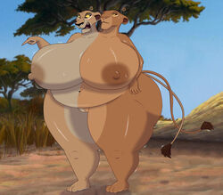 anthro big_breasts bodily_fluids breasts chubby_female conjoined disney disney_sequel duo felid female genitals lion mammal multi_head overweight pantherine pilot129 pussy sarabi stuck_together sweat the_lion_king theyton zira