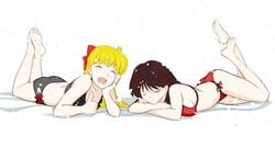 2girls artist_request barefoot bikini bishoujo_senshi_sailor_moon black_bikini black_hair black_swimsuit blonde_hair bow closed_eyes cold feet female female_only frost_resistant frostproof lying lying_on_breasts lying_on_snow lying_on_stomach magical_girl minako_aino open_mouth red_bikini red_swimsuit rei_hino small_breasts smiling snow soles swimsuit swimsuits teen teenage_girl teenager thumbs_up toes training winter yellow_hair